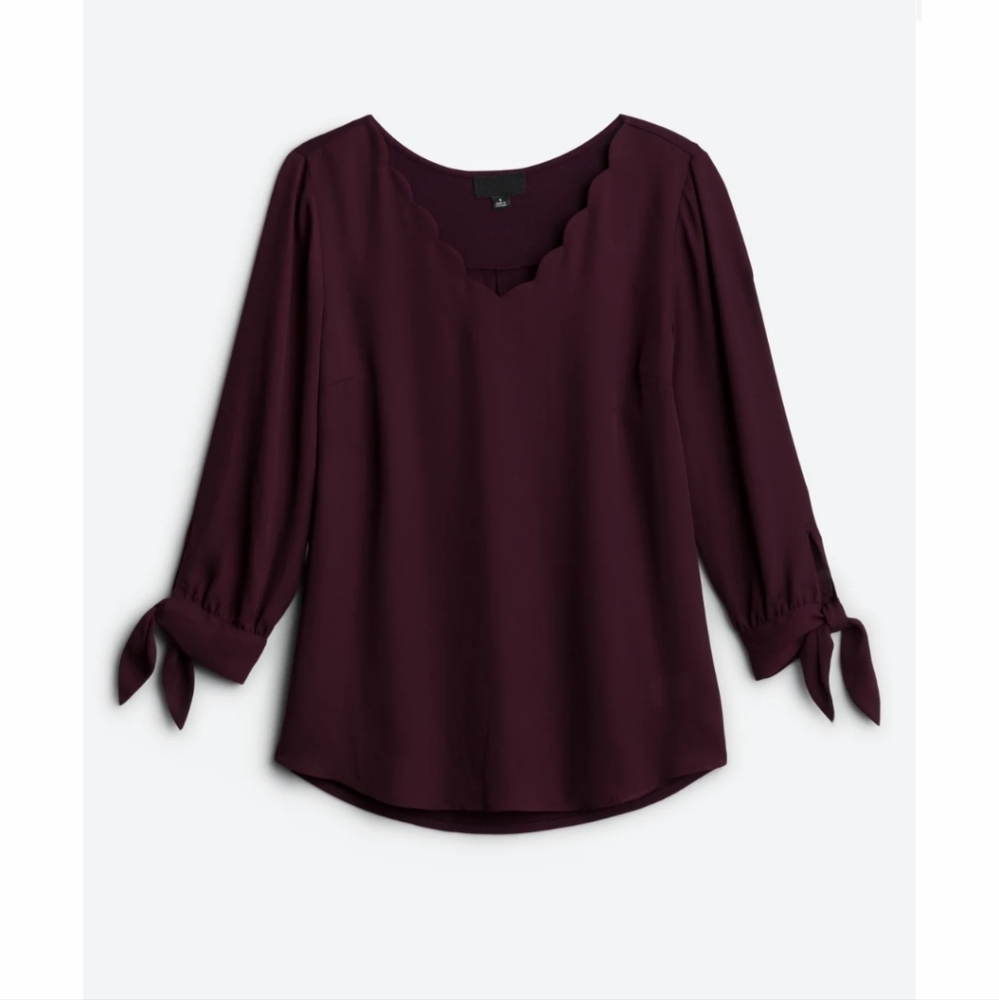 FORTUNE + IVY Farrow Tie Sleeve Mixed Material Blouse/Dark Purple/Size XL